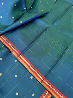 Shree - Stunning Small Border Kanchivarams - beautiful dual tone deep peacock blue green with seep reek pallu