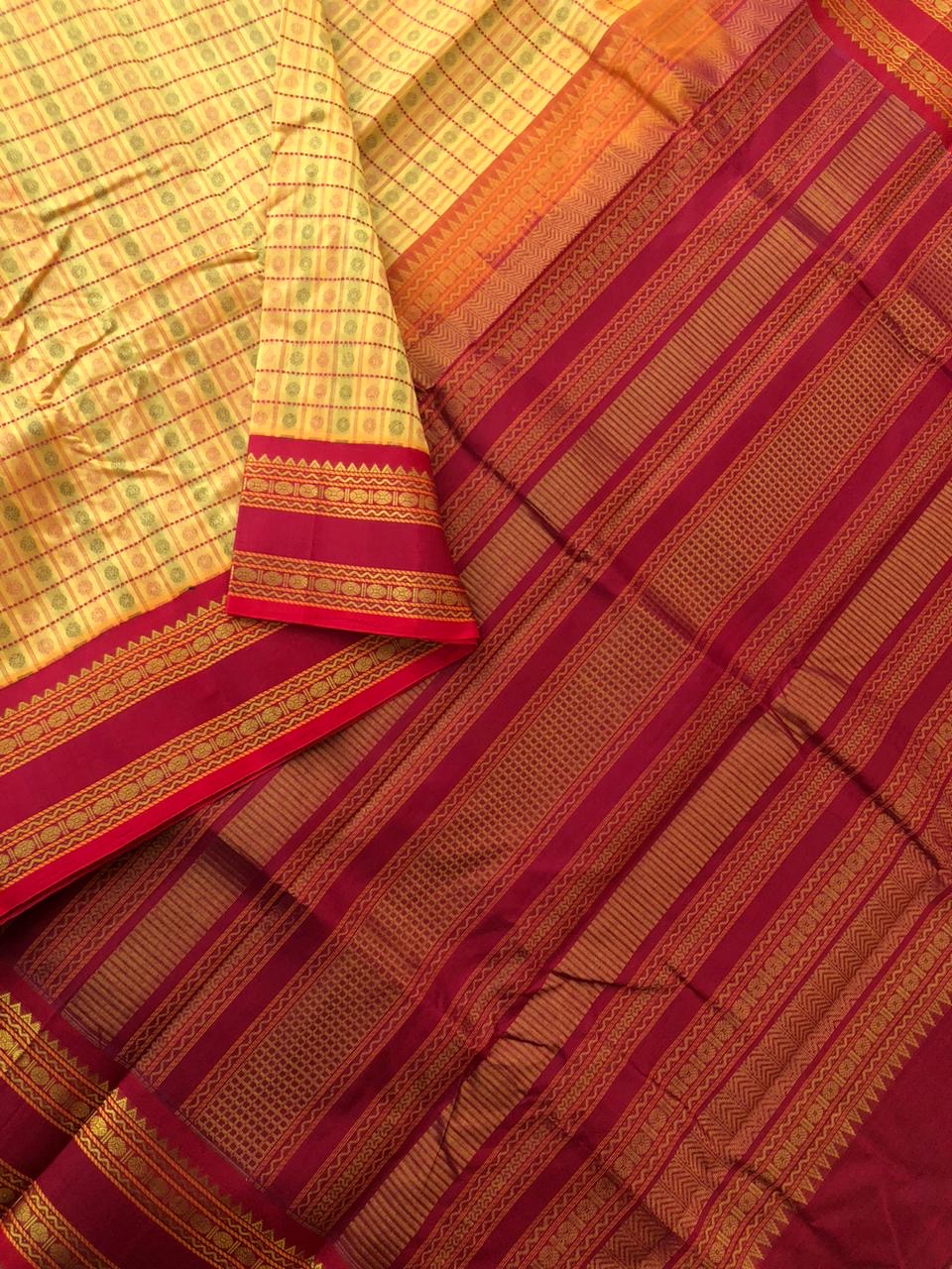 Divyam - Korvai Silk Cotton with Pure Silk Woven Borders - pale yellow and red Lakshadeepam