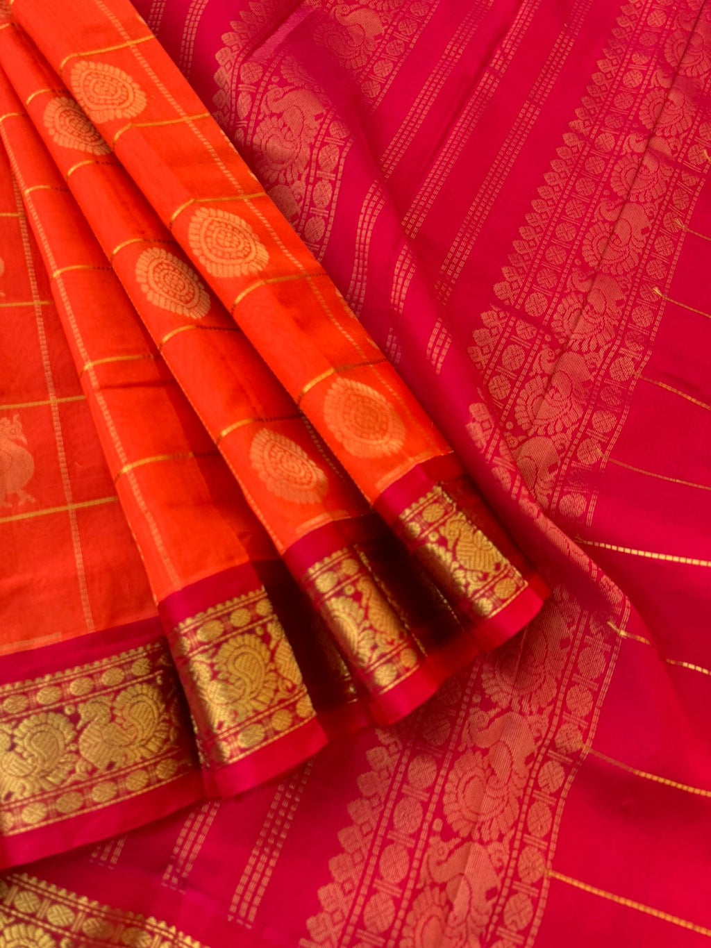 Korvai Silk Cotton - orange and red mayil chackaram