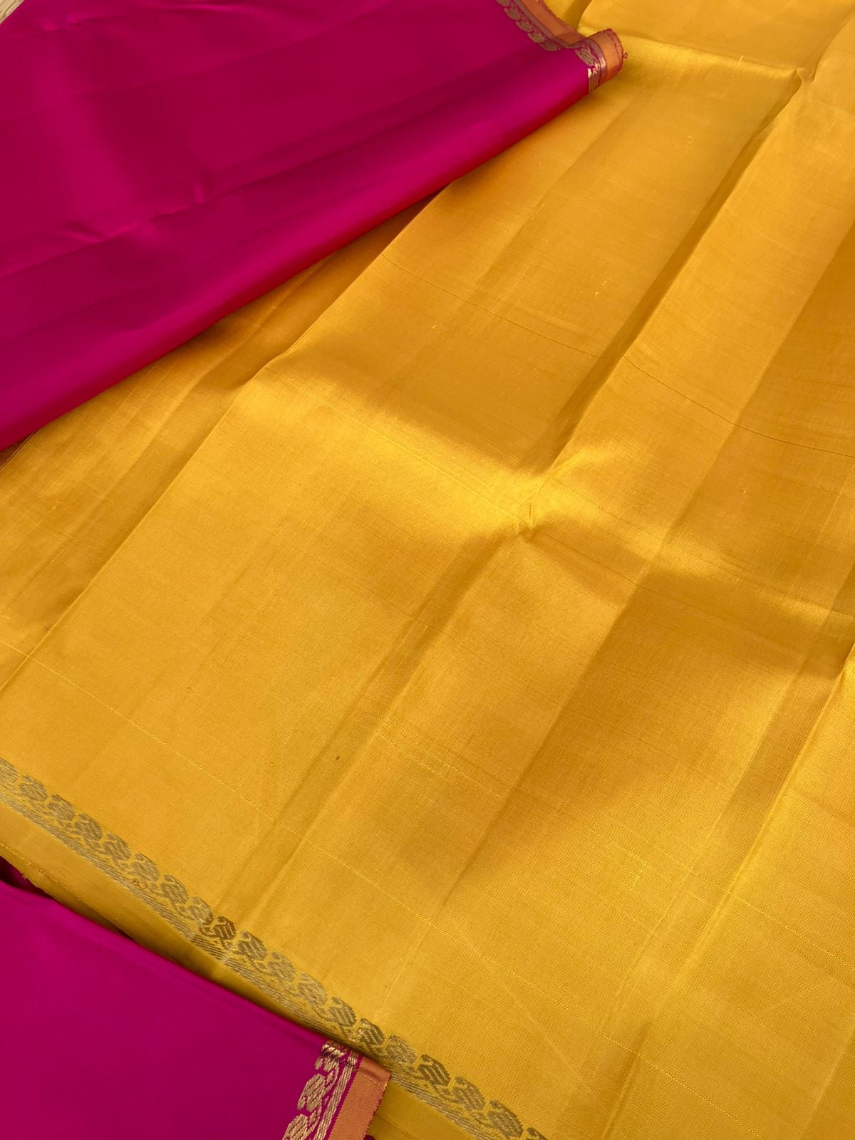 Shree - Stunning Small Border Kanchivarams - the most gorgeous pink and yellow with smaller paisley woven borders