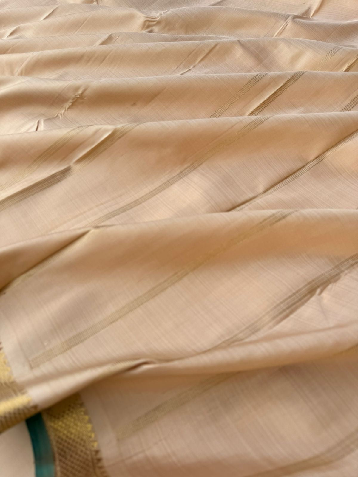 Shree - Stunning Small Border Kanchivarams - the natural tone of silk and small borders with green sleeve edge