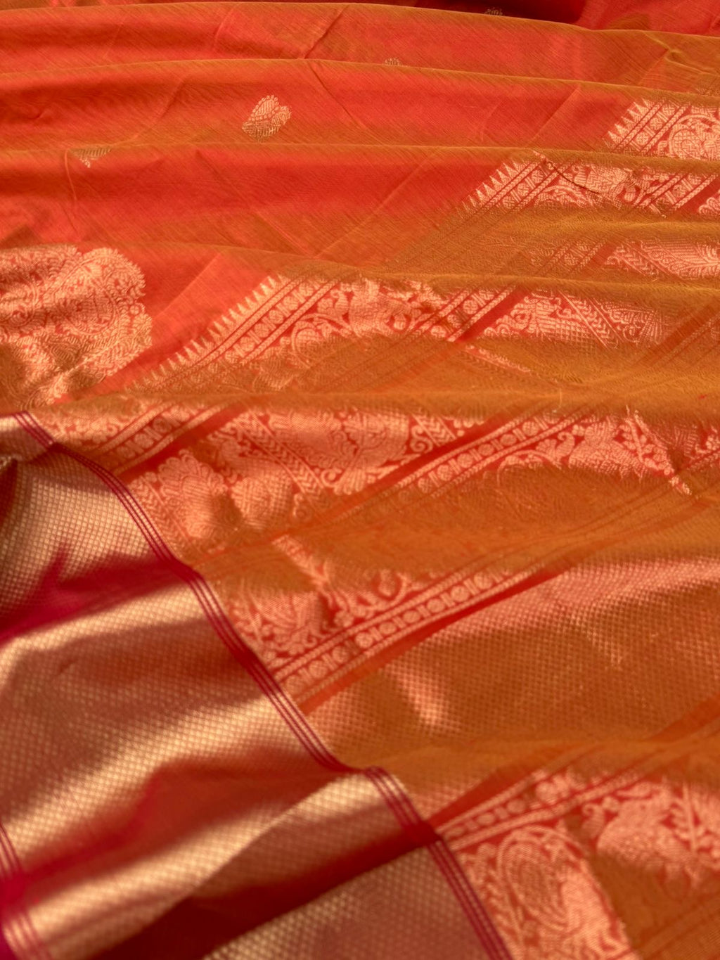 Zari Kissed Silk Cotton - rust orange and corner buttas