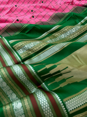 Sahasram - floral pink and Meenakshi green with chex woven buttas