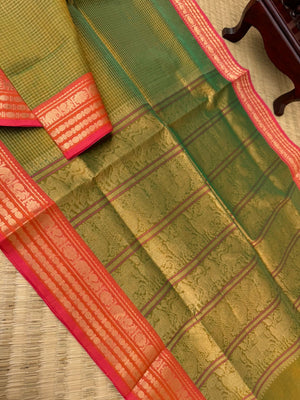 Zari Kissed Silk Cotton - amazing dual tone mix of light green and dark green Vairaoosi kattam