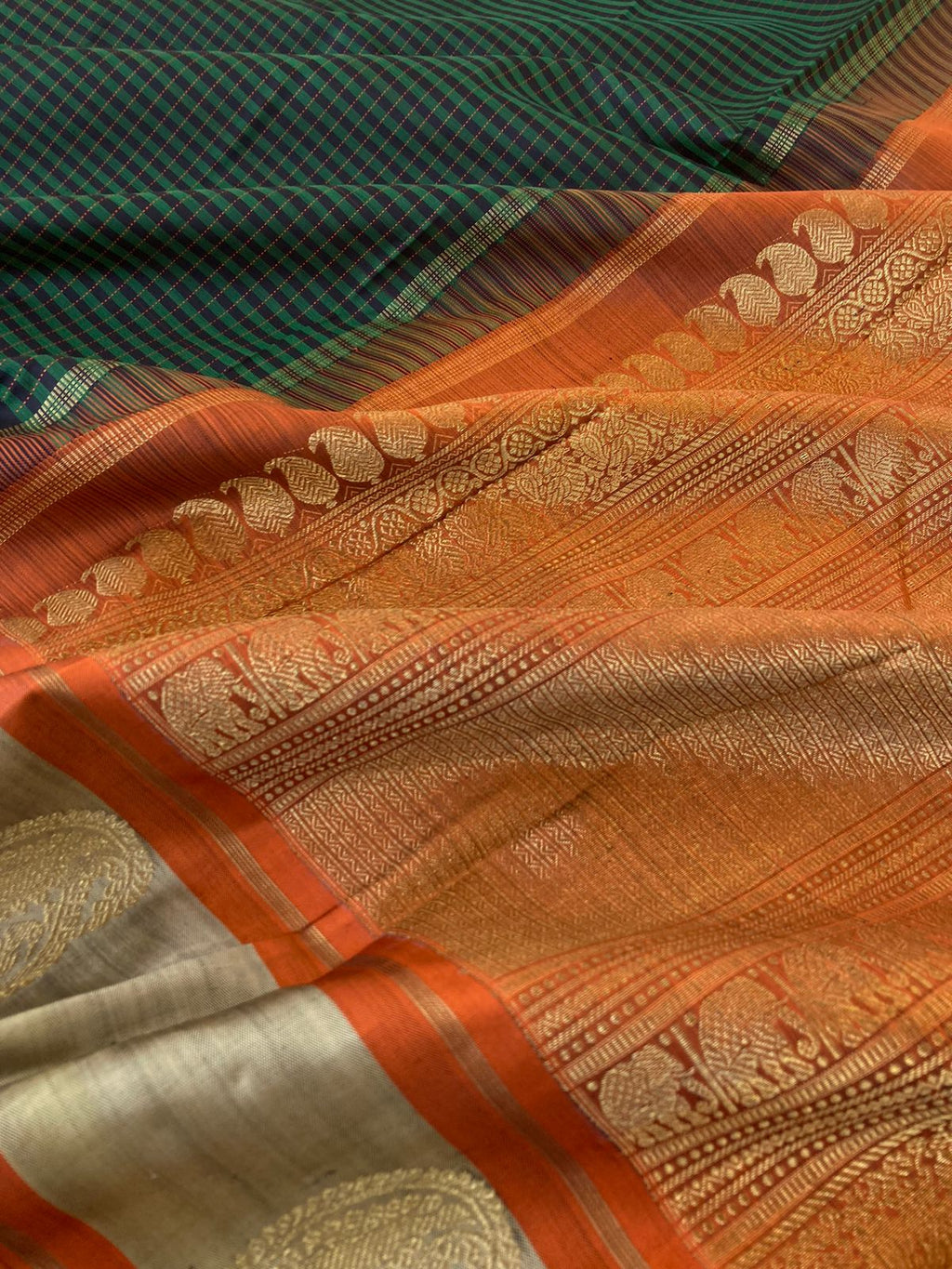 Heriyae - Molten Mettalic Kanchivarams - stunning metallic black and dark green vaari and kattam woven body with rust orange pallu and blouse