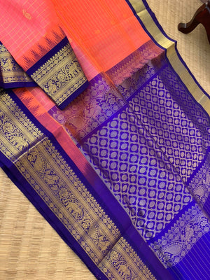 Korvai Silk Cotton - beautiful orange short pink zari kattam with ms blue pallu and blouse