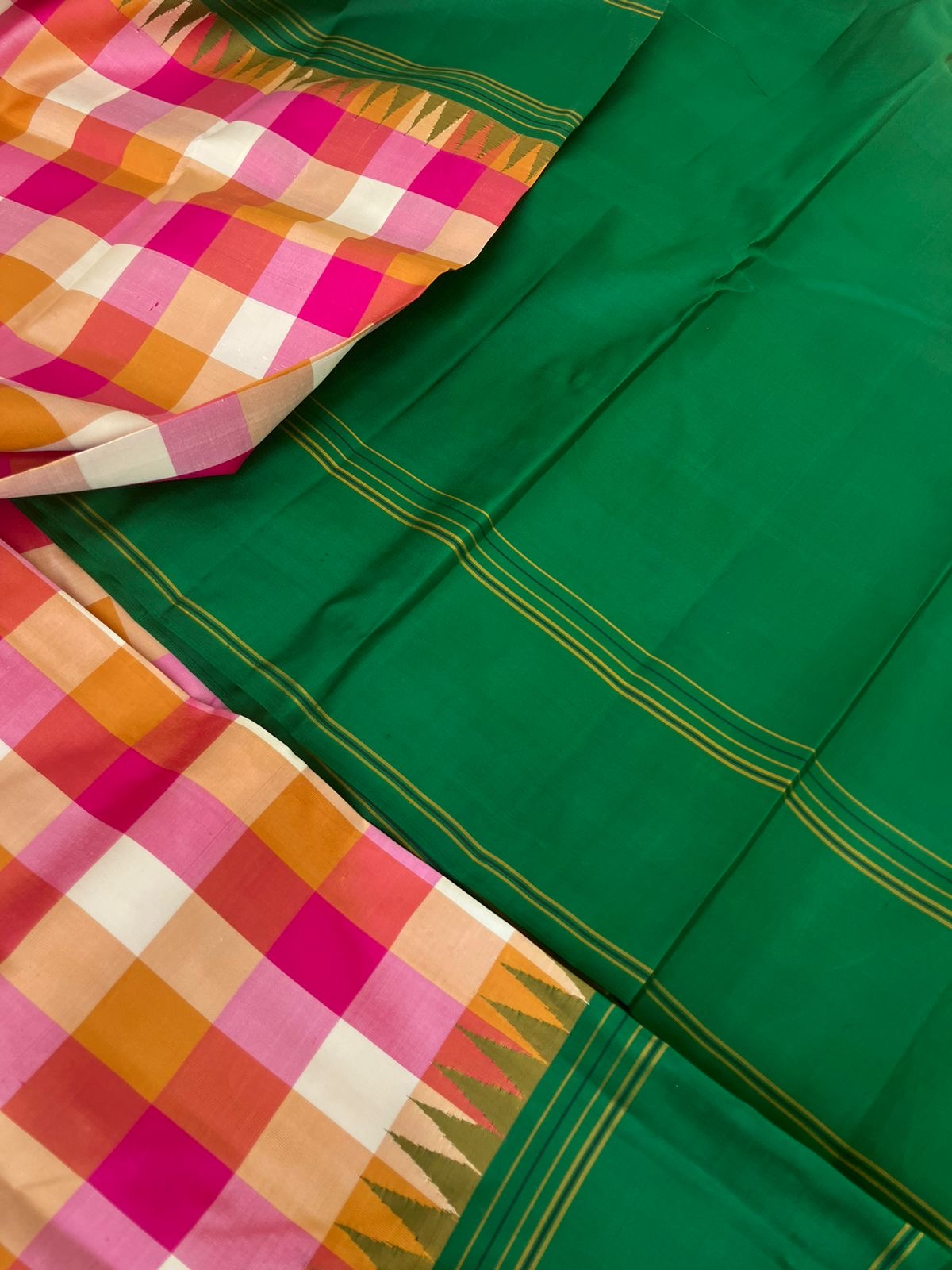 Paalum palamum kattam on Kanchivaram - pink mustard and cream paalum palamum chex with bottle green borders pallu and blouse