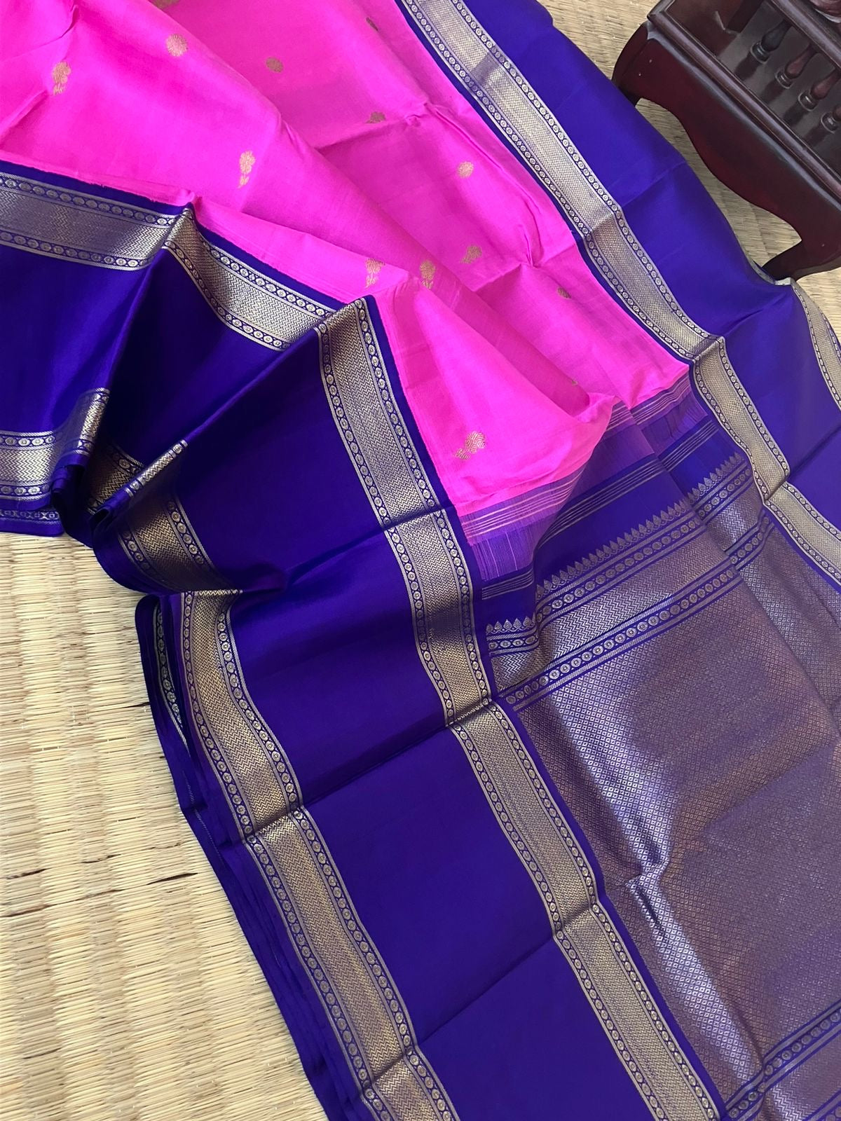 Meenakshi - Kanchivaram for Every Occasion - the traditional age old vintage combination of deep paneer rose and ms blue retro vintage style woven borders