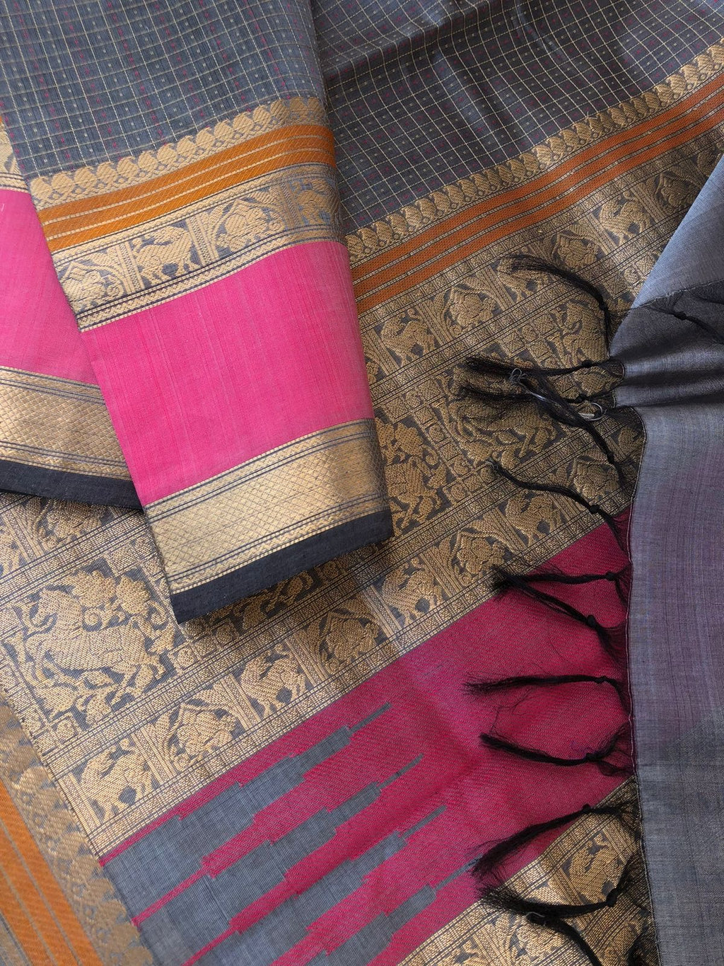 Woven Motifs Silk Cotton - stunning steel grey Lakshadeepam with short pink woven borders