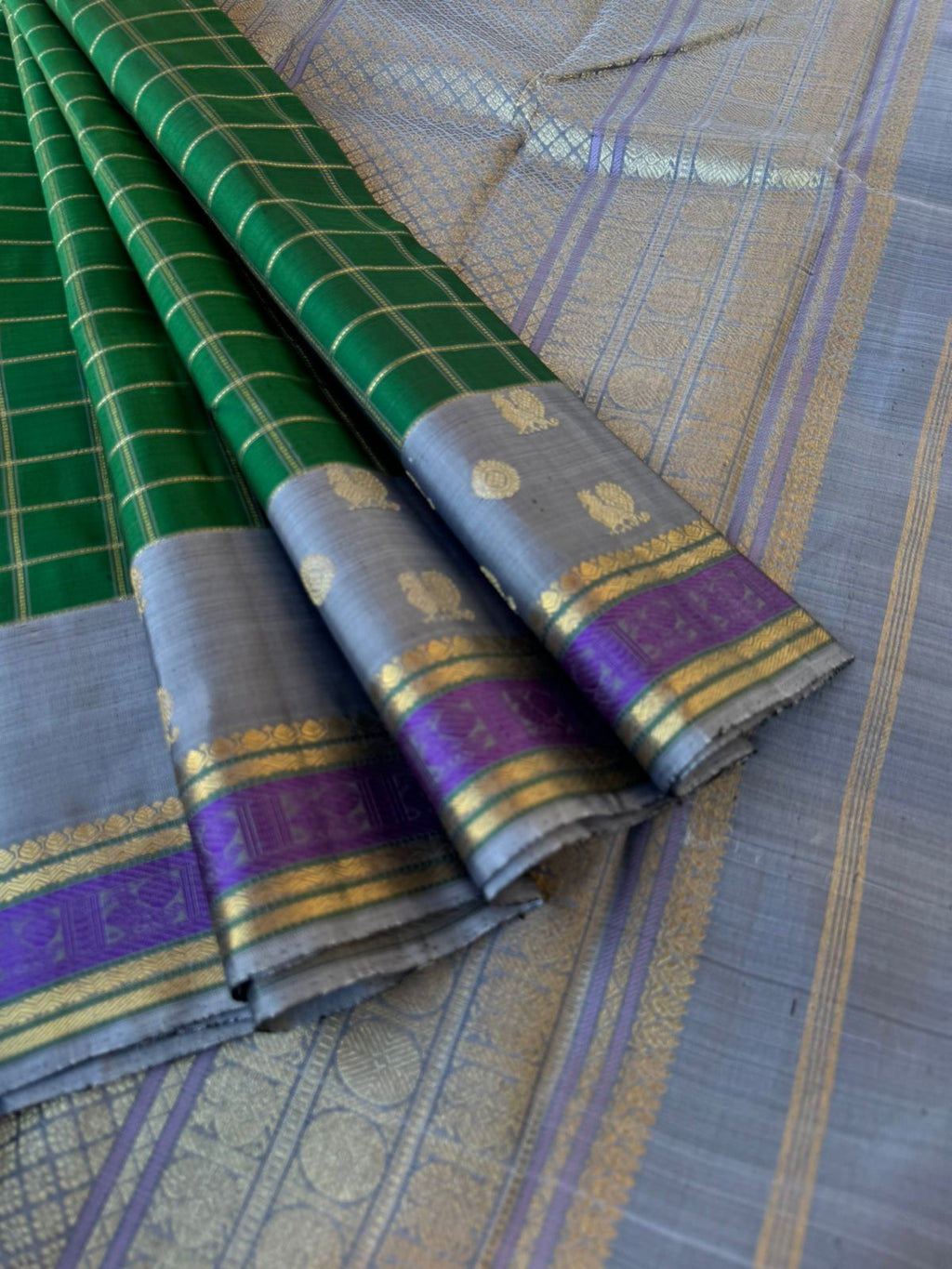 Vintage Ragas on Korvai Kanchivaram - gorgeous meenakshi green and grey muthu kattam with mayil chackaram woven buttas woven near the borders