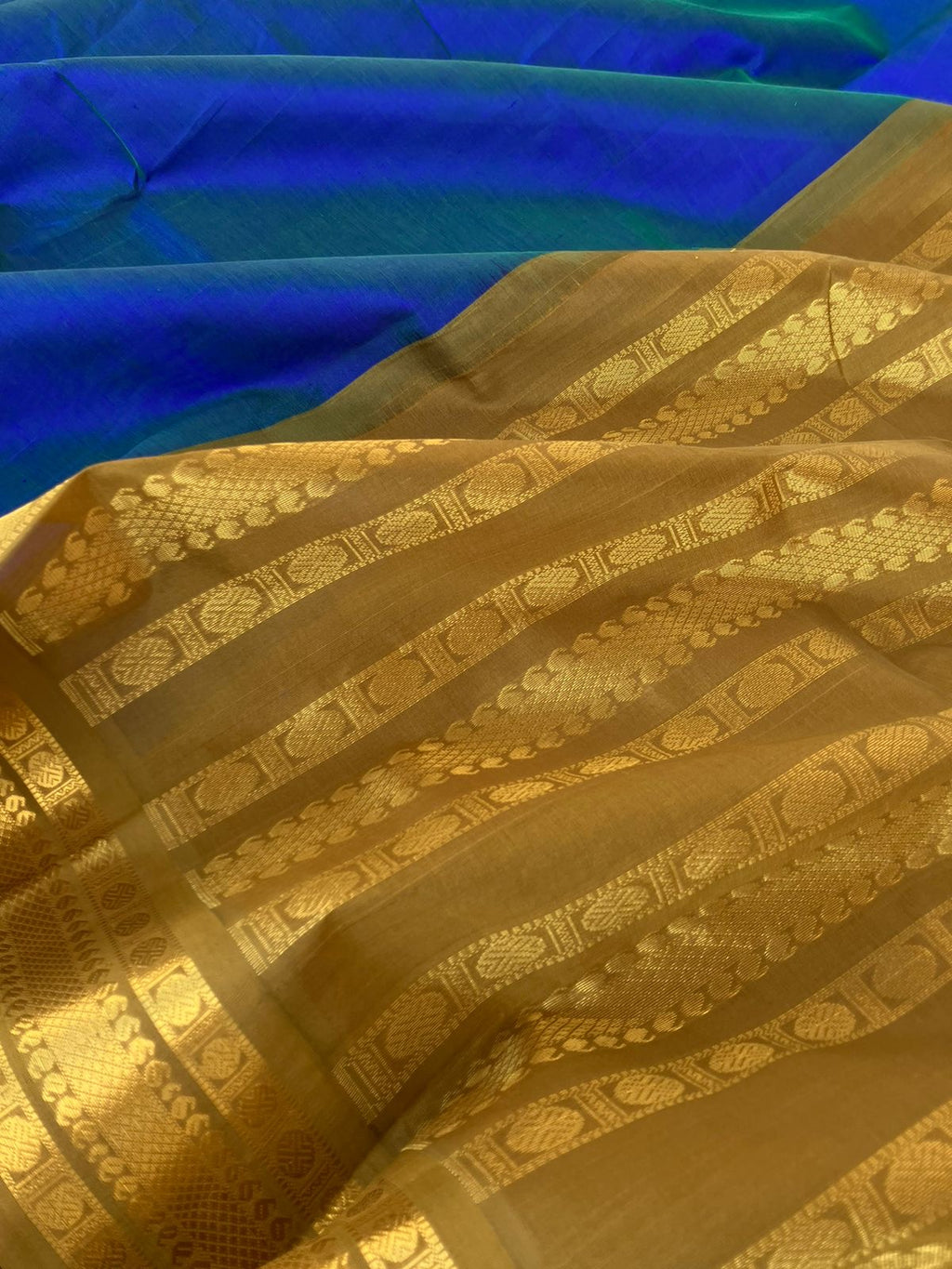 Korvai Silk Cotton - gorgeous peacock blue green and brass tone pallu and blouse