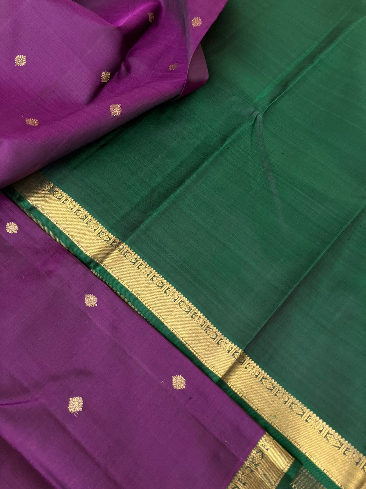 Swarnam - Stunning Small Border Kanchivarams - deep dark brinjal purple and Meenakshi green