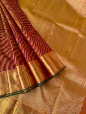 Kattam Koodu on Kanchivaram - stunning vintage oosi vaalapoo koodu on mustard and maroon with body with eight dots woven buttas with solid gold zari woven borders