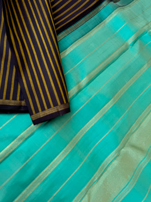 Vertical Stripes on Kanchivaram - black and turquoise with vertical stripes woven body