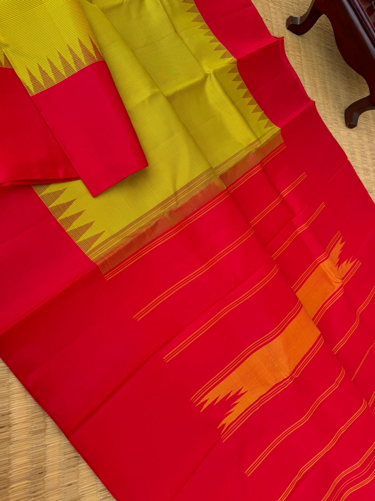 Bliss of Korvai Kanchivaram - yellow mixed green strips woven body with red pallu and blouse