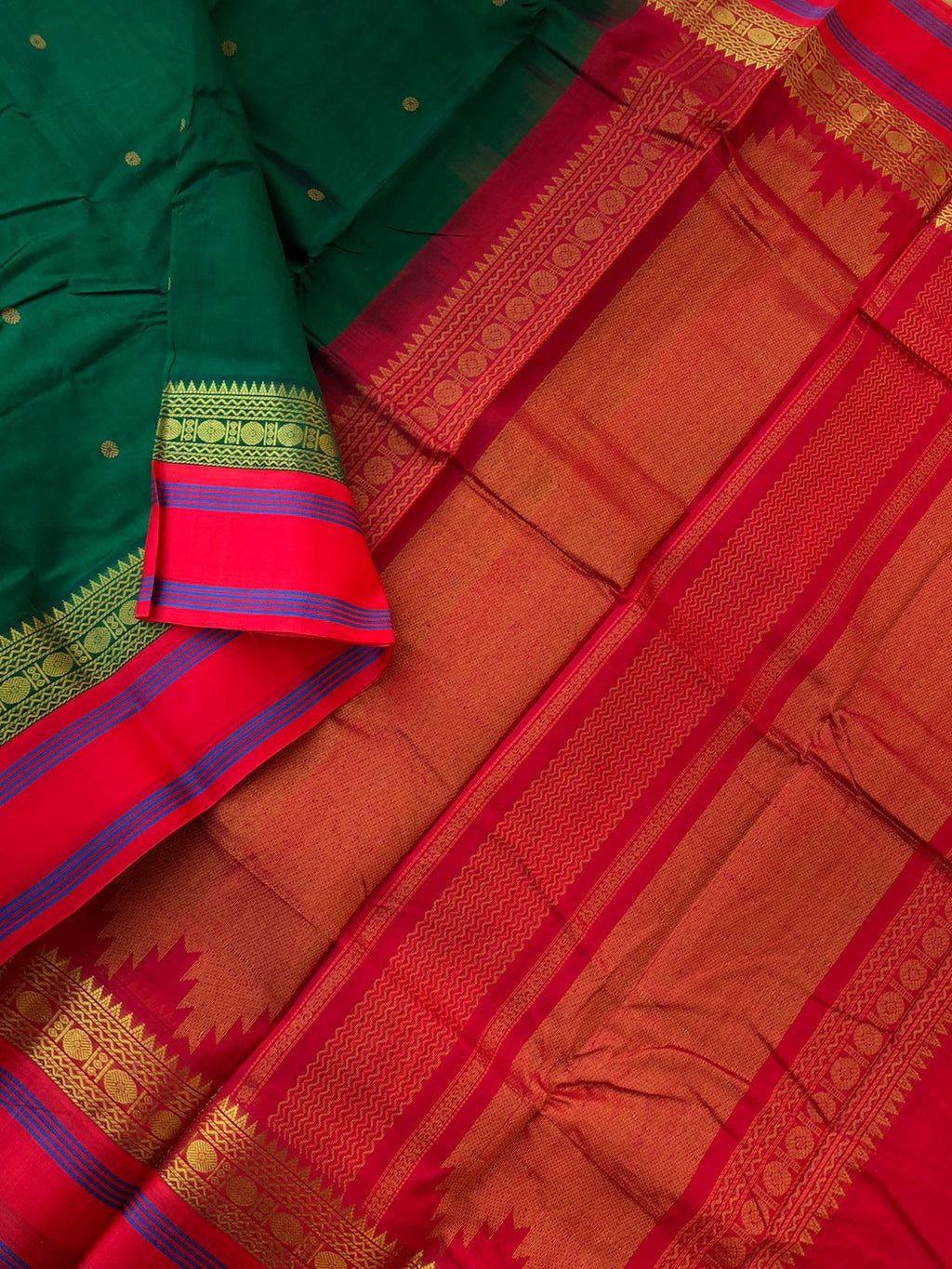 Divyam - Korvai Silk Cotton with Pure Silk Woven Borders - Meenakshi green and red