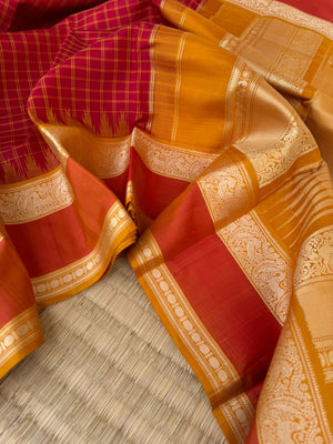 Silk Play on No Zari Kanchivaram - traditional red and mustard kattam woven body with yali woven retta pett borders