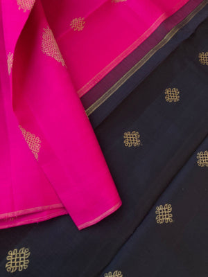 Mohaa - Beautiful Borderless Kanchivarams - hot pink and black kolam woven buttas