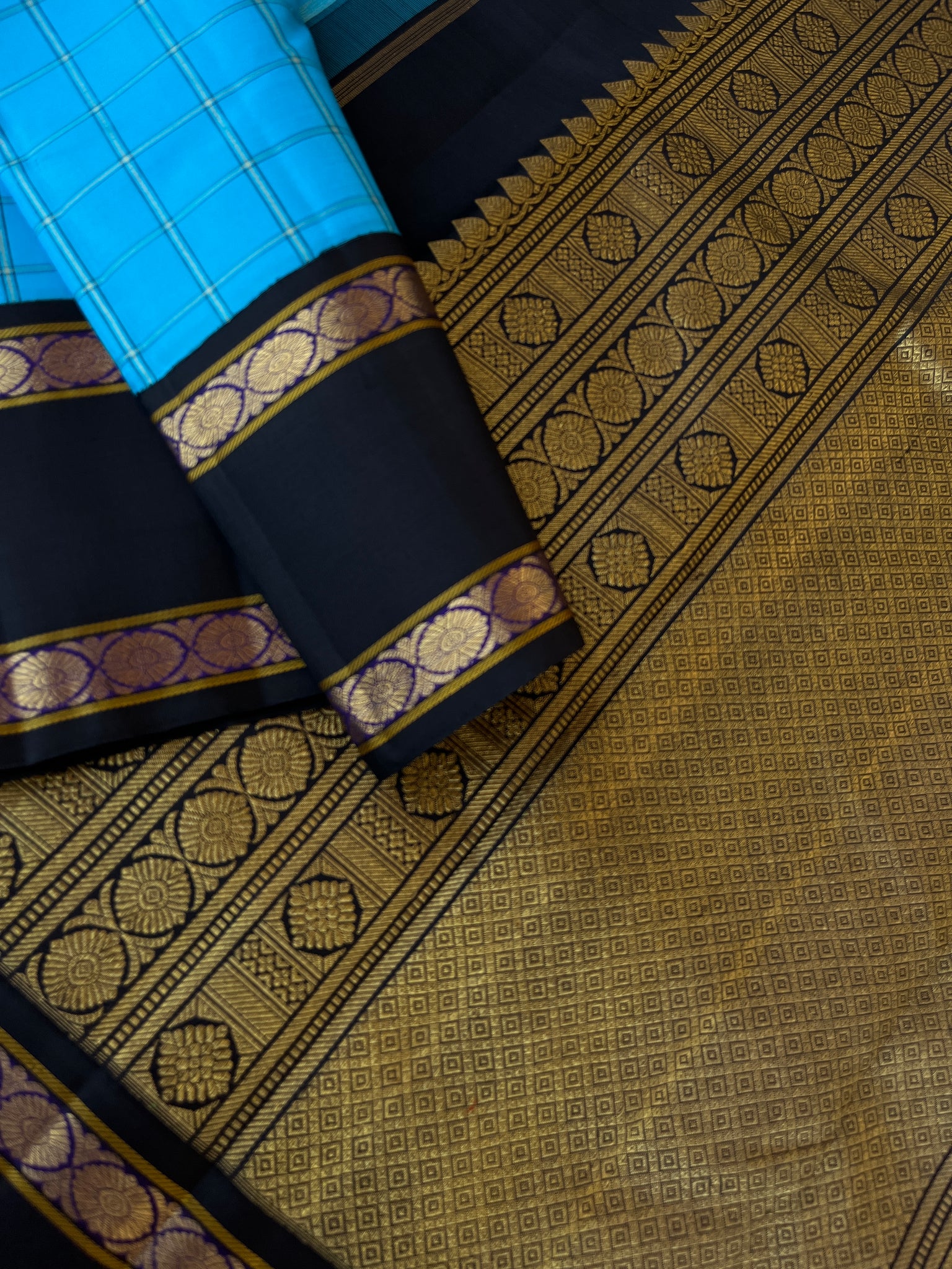 Vintage Ragas on Kanchivaram - amazing anandha blue and black kattam woven body with laddu kamalam woven retta pett borders