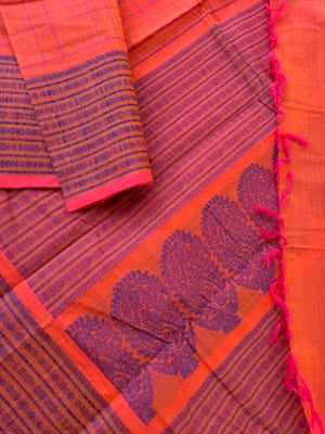 Mangalavastaram - peach orange mixed chex woven body with fish pett woven borders