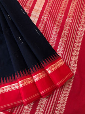 Mira - Our Exclusive Cotton body with Pure Silk Korvai Borders - mid night blue black rain drops woven buttas with red borders pallu and blouse