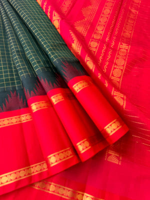 Kattams on Korvai Silk Cotton - deep karum pachai and red