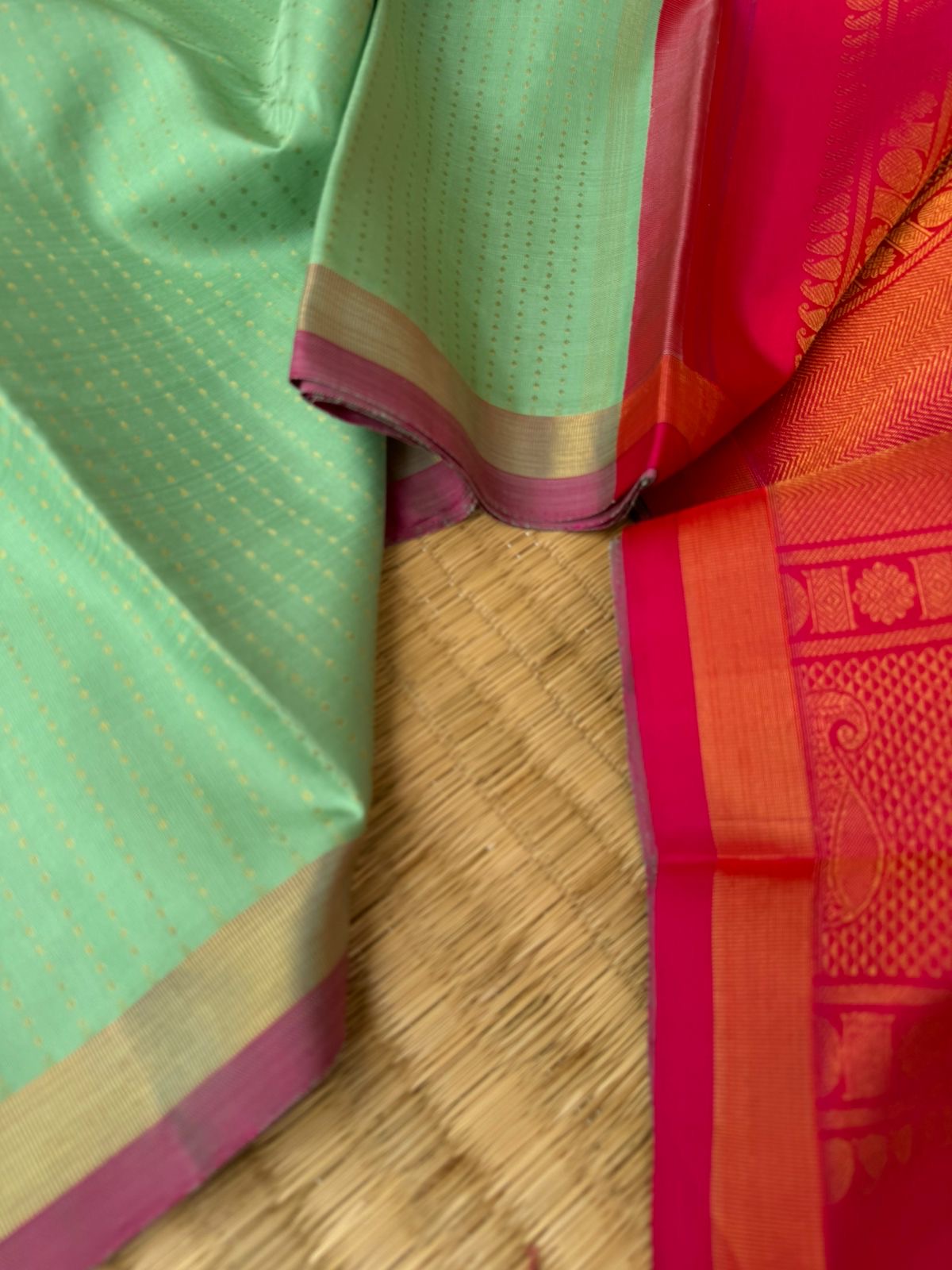 Shree - Stunning Small Border Kanchivarams - pista green lakshadeepam and red pink pallu and blouse