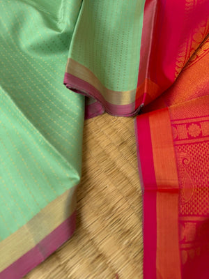 Shree - Stunning Small Border Kanchivarams - pista green lakshadeepam and red pink pallu and blouse