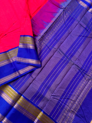 Divyam - Korvai Silk Cotton with Pure Silk Woven Borders - vibrant pink and blue