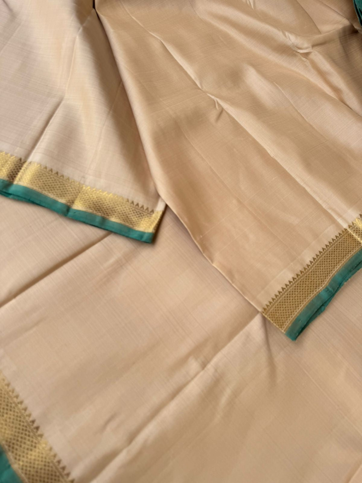 Shree - Stunning Small Border Kanchivarams - the natural tone of silk and small borders with green sleeve edge