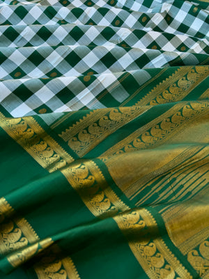 Statement of Kanchivaram - KK4 - one of a kind off white and green kattam with woven buttas vintage Korvai Kanchivaram with retta pett paisley woven borders