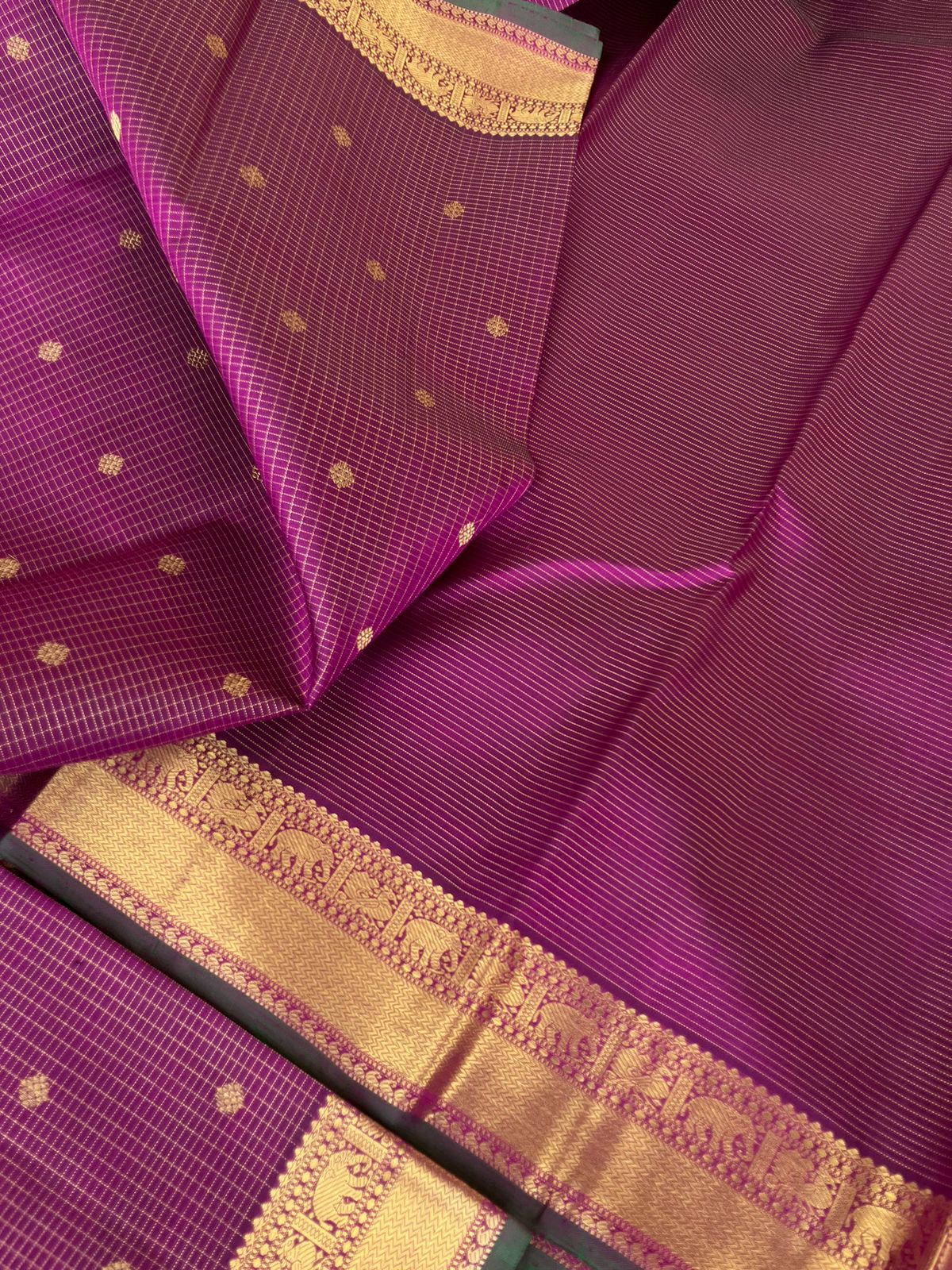 Treasures of Kanchivaram - Solid Gold Zari Woven Border Kanchivarams - stunning deep purple and gold Vairaoosi kattam with gorgeous pallu