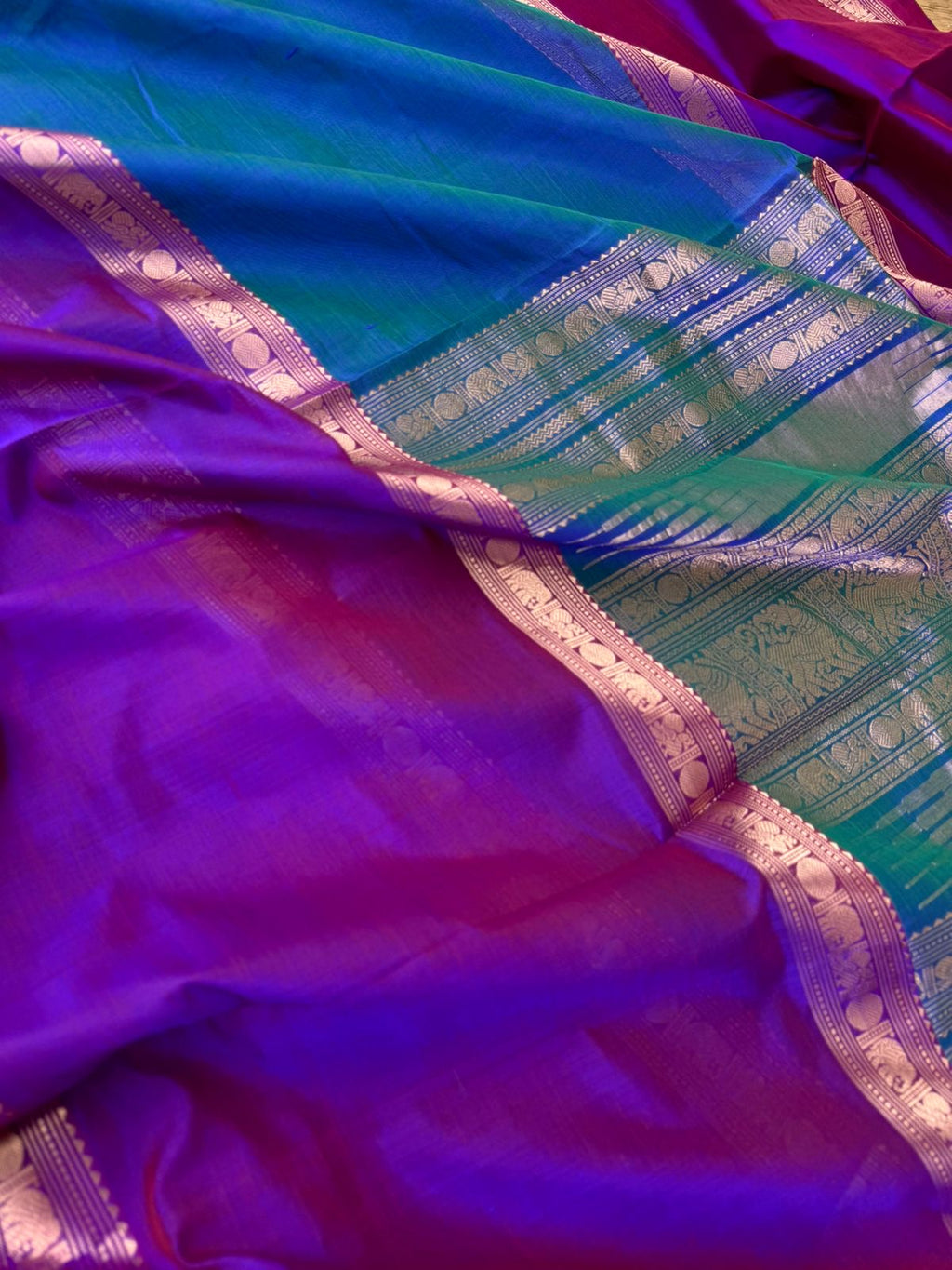 Zari Kissed Silk Cotton - stunning mubbagam in peacock blue and violet