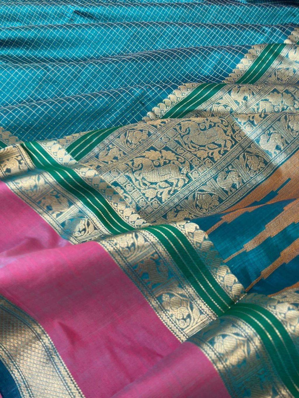 Woven Motifs Silk Cotton - burnt blue intricate lakshadeepam