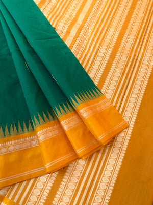 Mira - Our Exclusive Cotton body with Pure Silk Korvai Borders - leaf green and mustard malli mokku