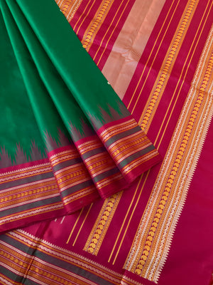 Sahasra - Beauty of No Zari Korvai Kanchivaram - beauty of meenakshi green and aaraku with traditional woven borders and pallu