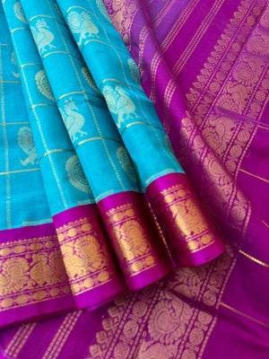 Korvai Silk Cotton - blue and pink mayil chackaram