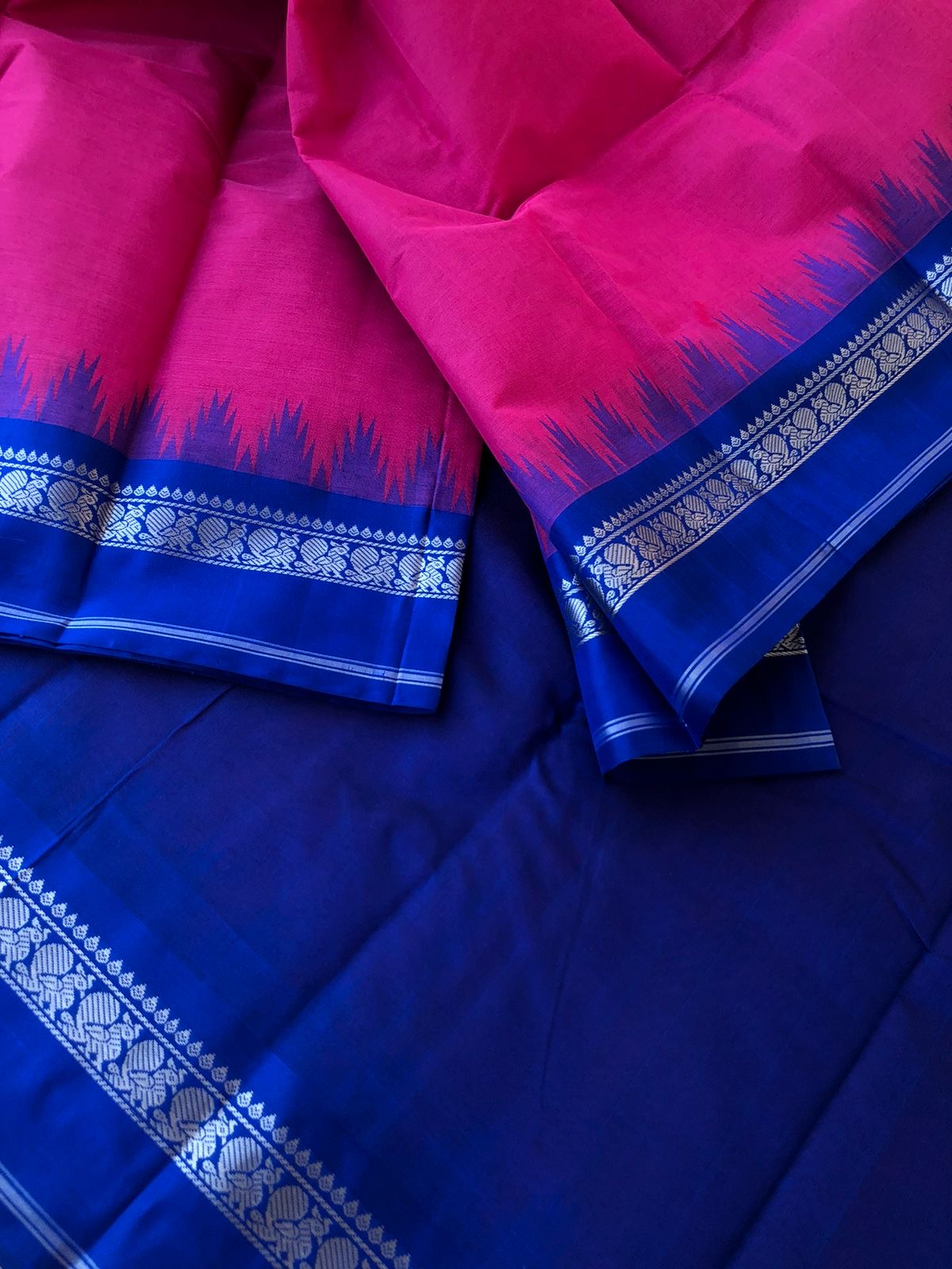 Mira - Our Exclusive Cotton body with Pure Silk Korvai Borders - Indian pink and Royal blue with annapakshi woven borders