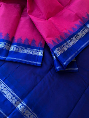 Mira - Our Exclusive Cotton body with Pure Silk Korvai Borders - Indian pink and Royal blue with annapakshi woven borders