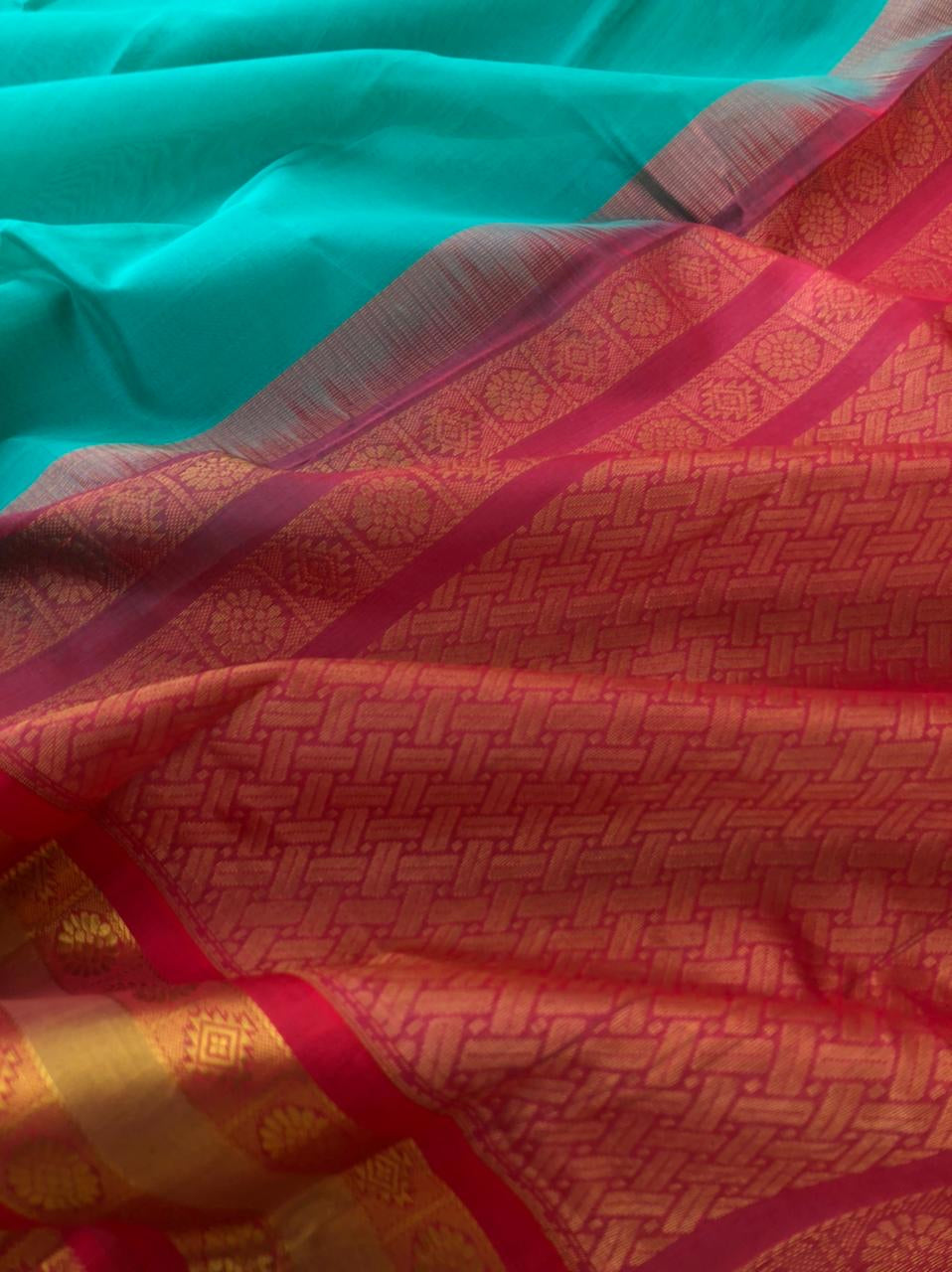 Colours of Korvai Silk Cotton - teal blue and burnt pink