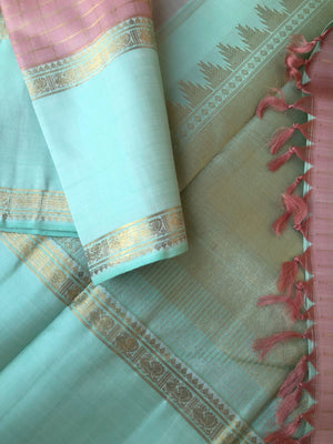 Pastel Ragas on Kanchivaram - dusky pastel rose gold muthukattam with 8 koll gold zari woven pallu