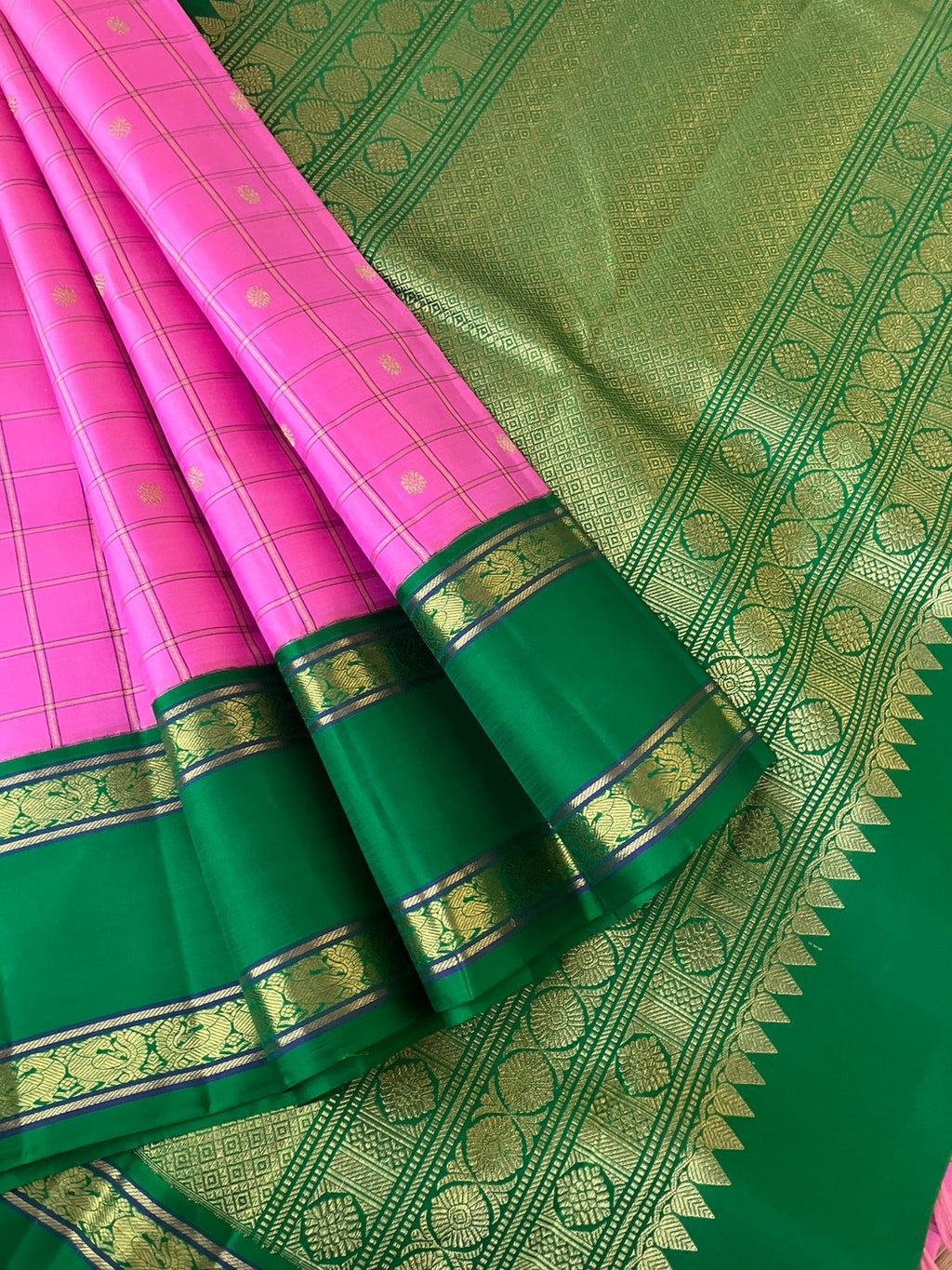 Meenakshi - Kanchivaram for Every Occasion - stunning rose pink with green and violet ganga jammuna woven retta pett korvai borders and chex buttas woven body