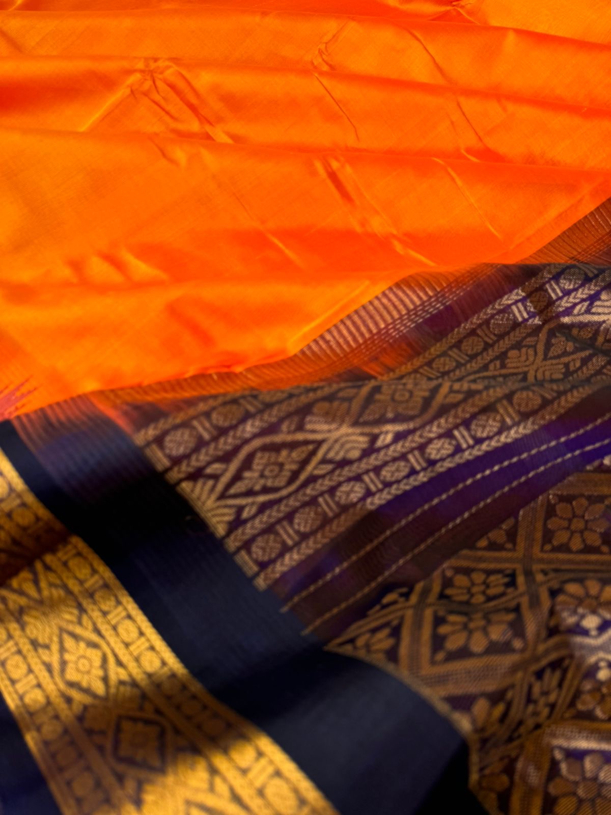 Korvai Silk Cotton - sun set orange and navy blue