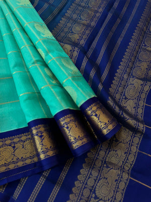 Korvai Silk Cotton - aqua blue and ink blue mayil chackaram