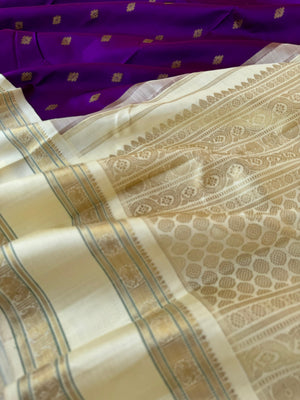 Tales of Korvais Kanchivaram - stunning deep purple and off white with retta pett woven borders