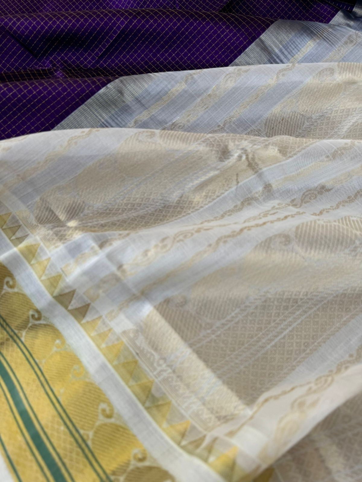 Kattams on Korvai Silk Cotton - deep dark purple and off white