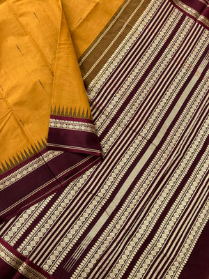 Mira - Our Exclusive Cotton body with Pure Silk Korvai Borders - traditional at the best manjal and deepest aaraku