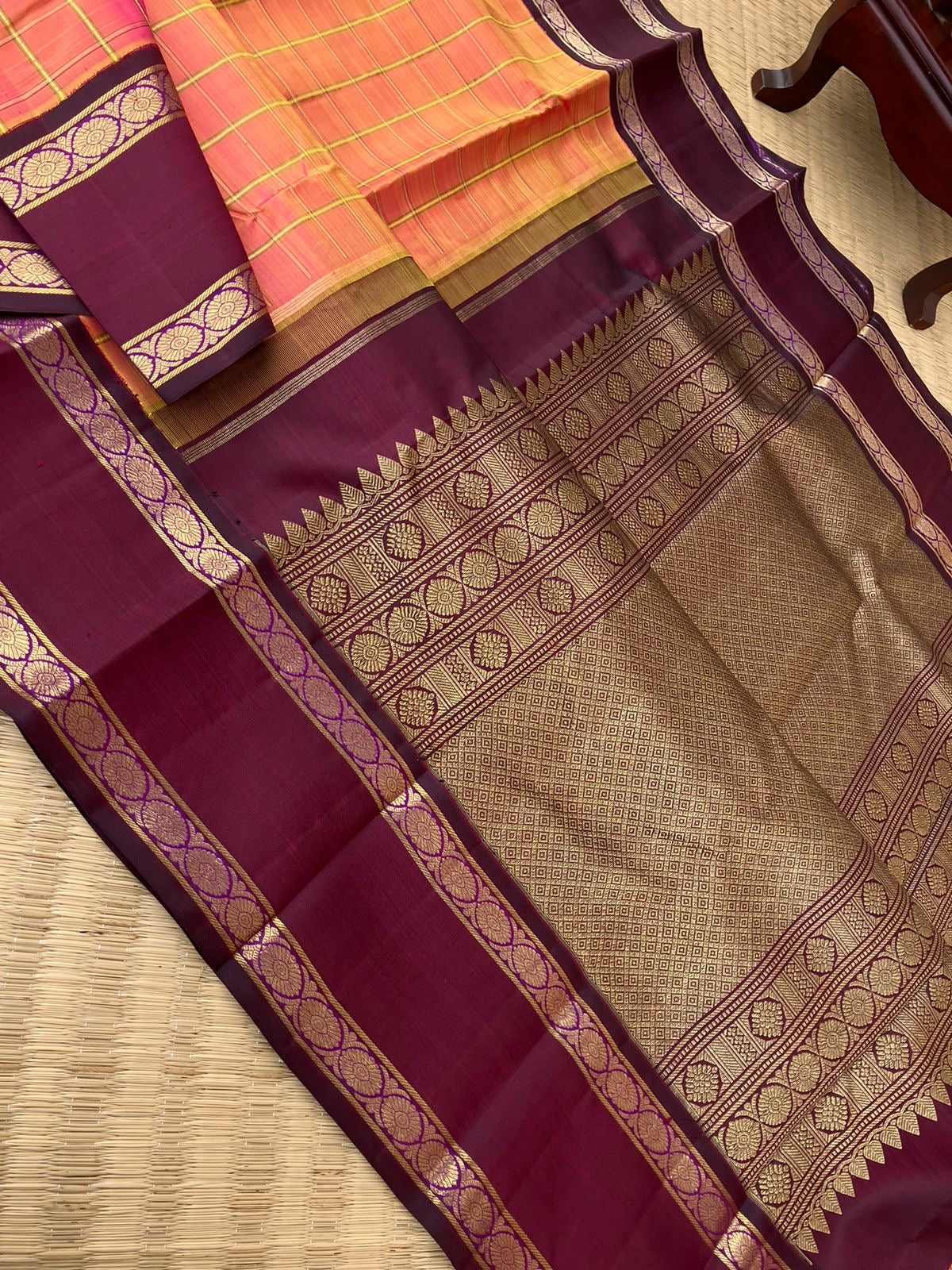 Meenakshi Kalayanam - Authentic Heirloom Korvai Kanchivarams - stunning peach and maroon with vintage vibes