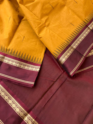 Mira - Our Exclusive Cotton body with Pure Silk Korvai Borders - traditional at the best manjal and deepest aaraku