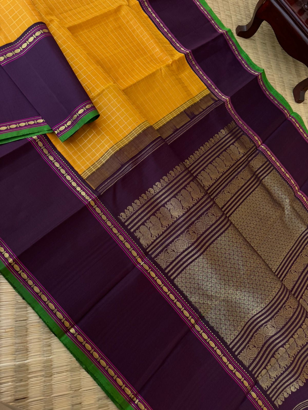 Vintage Ragas on Korvai Kanchivaram - traditional at the best mustard and beetle nut zari woven muthukattam with beetle nut purple retta pett borders